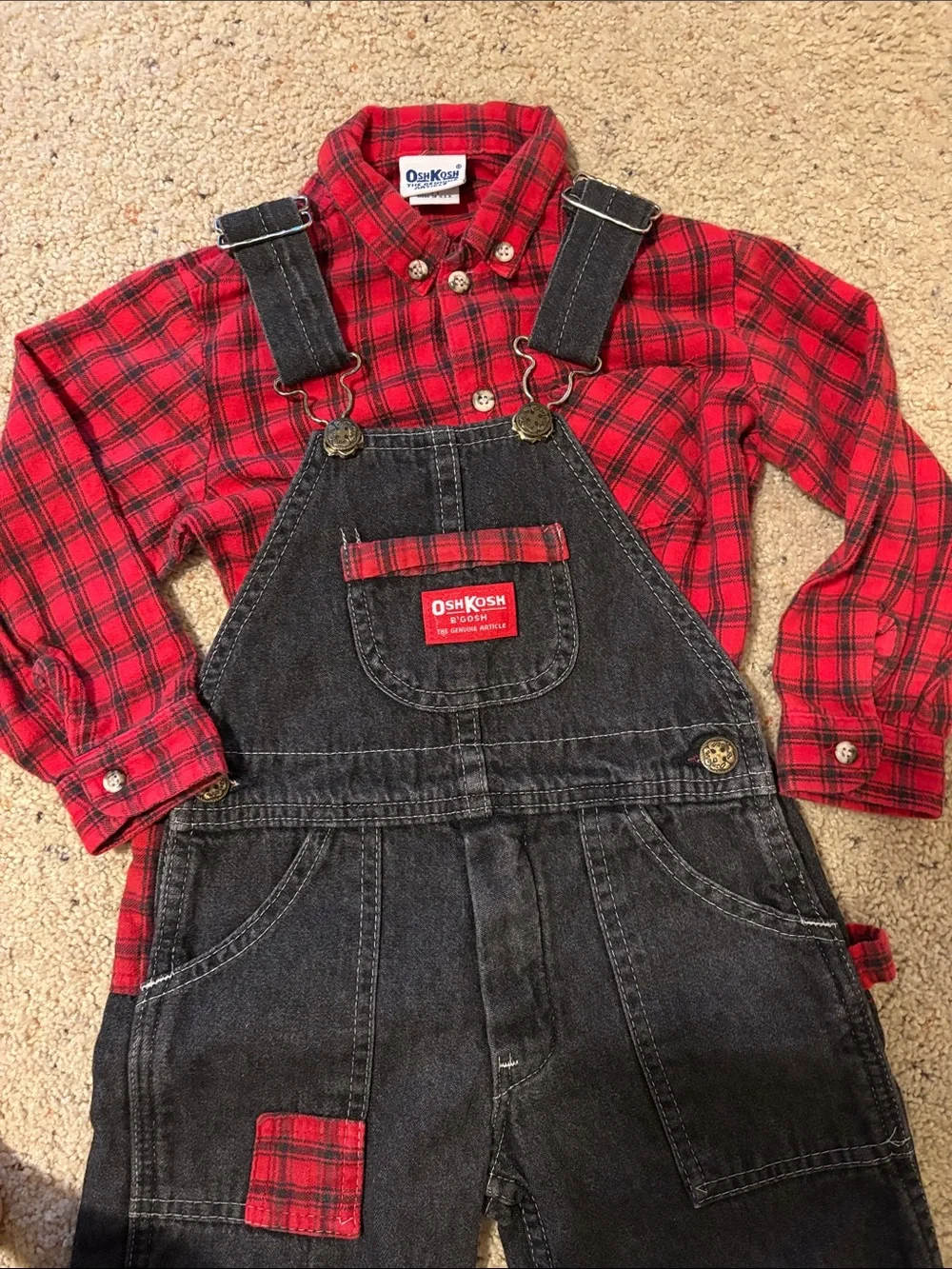 OshKosh B'gosh Black Denim Overalls with Red Plaid Accents